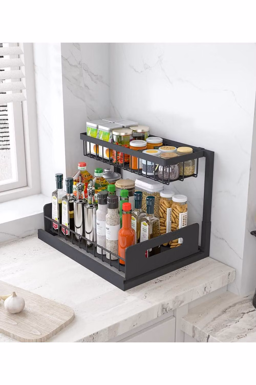 Living and Home 2-Tier Metal Spice Jar Rack Sliding Kitchen Storage Organiser in Black – 3