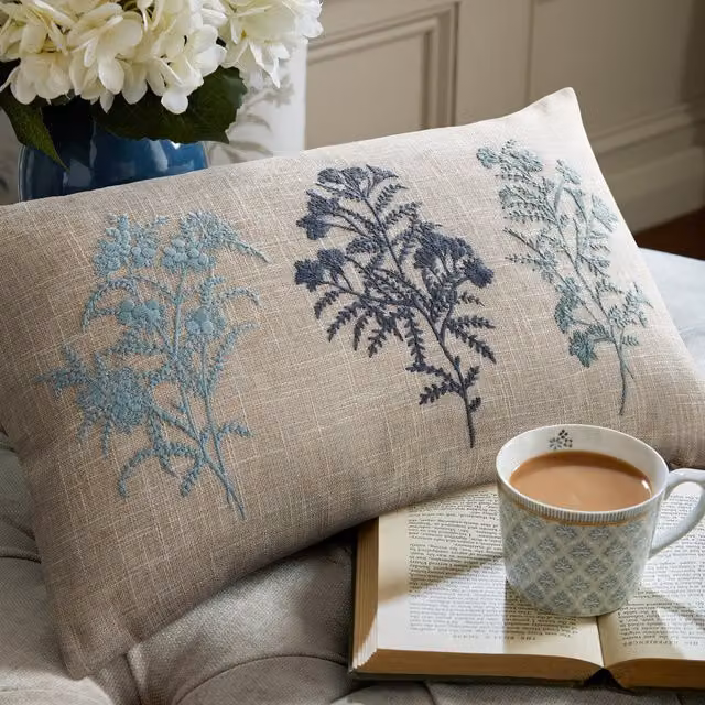 Laura Ashley Tenby Filled Boudoir Cushion in Seaspray Blue and Beige Floral Linen, W: 50 cm, H: 30 cm, D: 30 cm