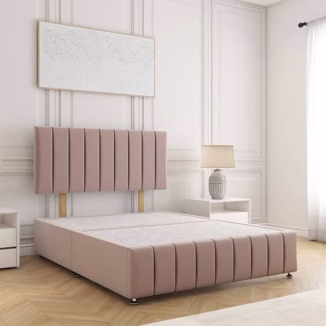 BSSPOKE Sierra King Size Divan Bed with 24 inch Plush Velvet Headboard in Pink