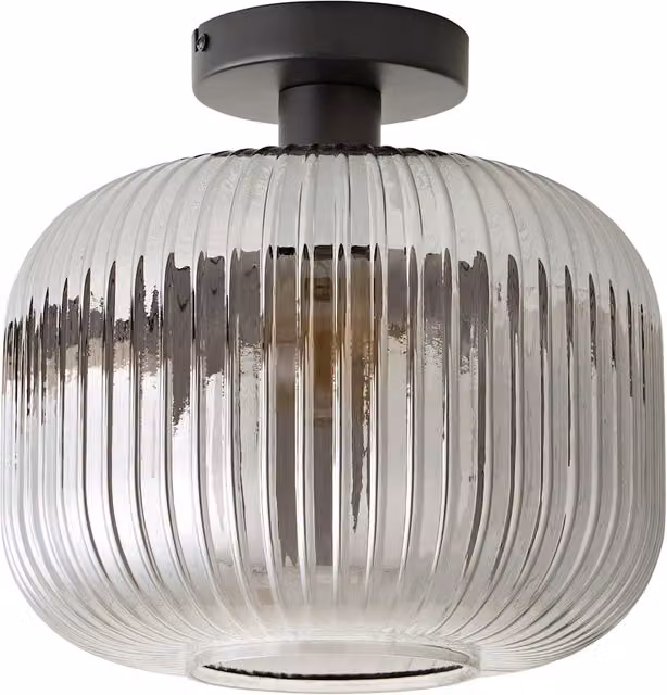 Calpe Semi Flush Ceiling Light with Black Metal Frame and Smoked Transparent Glass Ribbed Sphere Shade