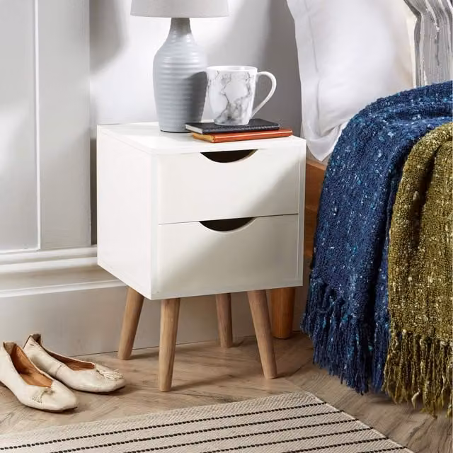 Home Source Boden 2 Drawer Bedside Table White Oak Wood Bedroom Storage Unit