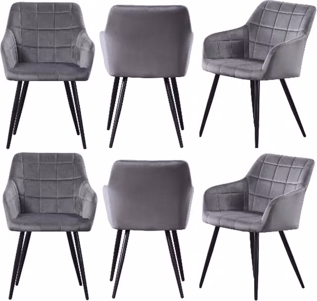 Life Interiors Set of 6 Camden Modern Velvet Dining Chairs with Armrests and Black Metal Legs in Grey