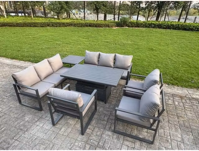 Fimous 7-Piece 9-Seater Aluminum Dining Set with Lifting Table in Dark Grey – 1