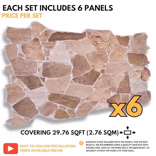 Novecrafto Stone Look 3D PVC Wall Panels in Brown and Beige, 6 Sheets, W: 96 cm x H: 48 cm – 2