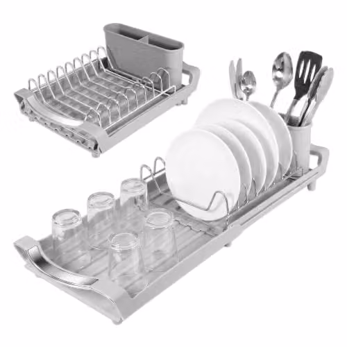 Spares2go Expandable Stainless Steel Dish Drainer with Cutlery Holder, Grey, W/D/H: 20.0 x 20.0 x 12.0 cm – 1