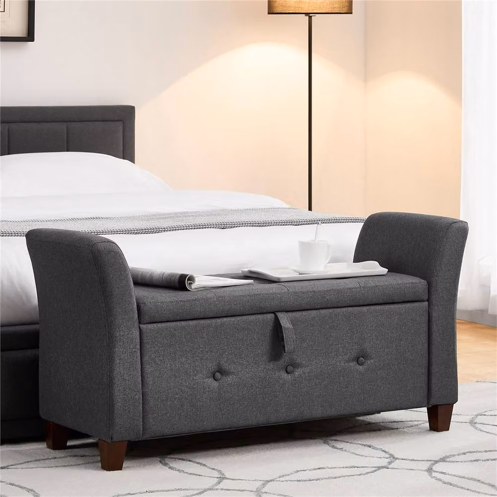 Kelvenix Dark Grey Linen Storage Ottoman Seat Stool Bench – 3