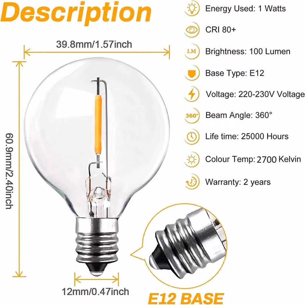 EONLION 25 Pack E12 G40 LED Globe Light Bulbs, Warm White 2700K, Shatterproof Vintage Replacement, Transparent – 2