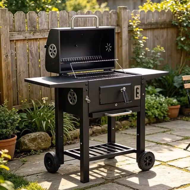 Gr8 Garden Large Portable Charcoal BBQ Grill with Warming Rack, Thermometer and Wheels, Black Steel