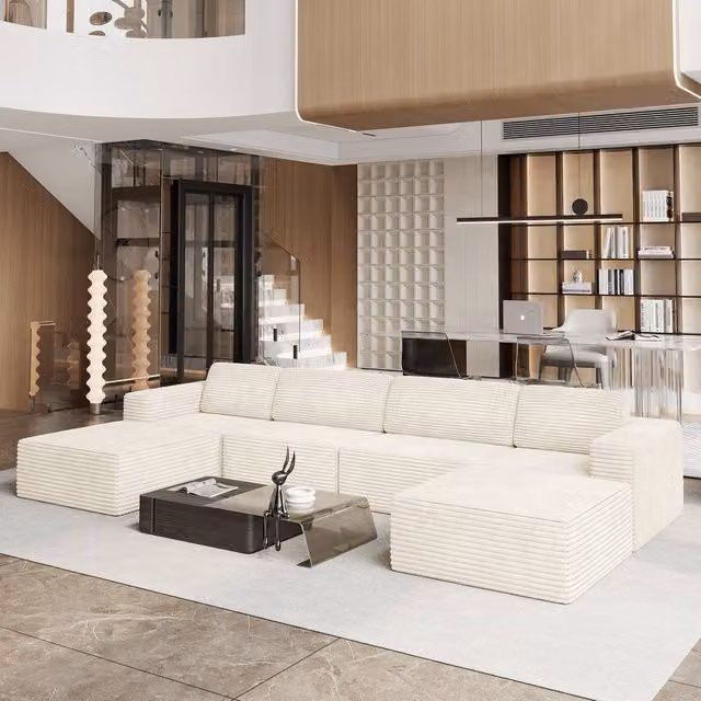 Dprodo Corduroy Modular U-Shape Sofa in Beige with Matching Ottoman