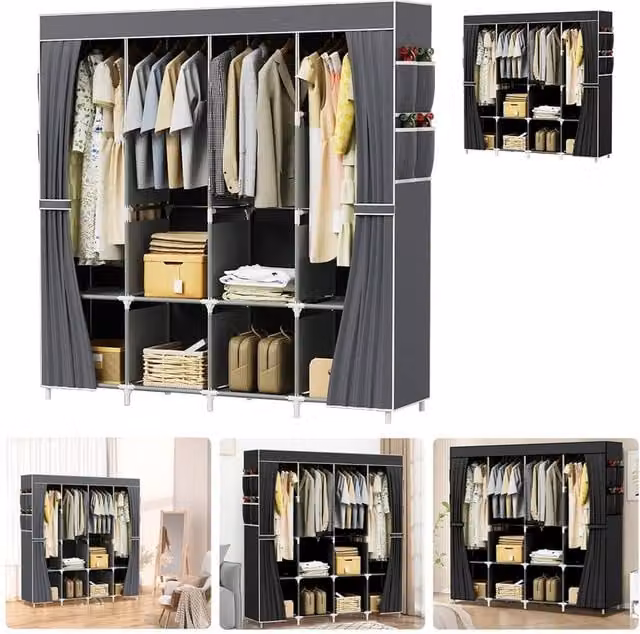 FLAVORA Grey Large Fabric and Metal Canvas Wardrobe with Roll Shutter Doors