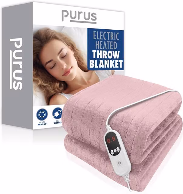 Purus Deluxe Pink XL Electric Heated Throw Blanket with Soft Fleece, Variable Heat and Timer Settings