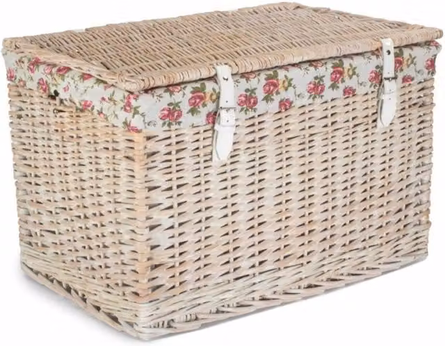Red Hamper White Wash Picnic Basket with Rose Cotton Lining, W/D/H: 61 x 40 x 40 cm