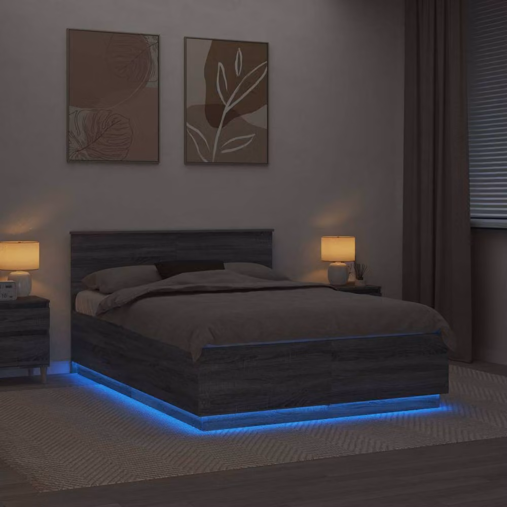 Berkfield Home Modern Grey Engineered Wood Bed Frame with Under-Bed Lighting and USB Charging Port, W: 160 cm, L: 200 cm – 2