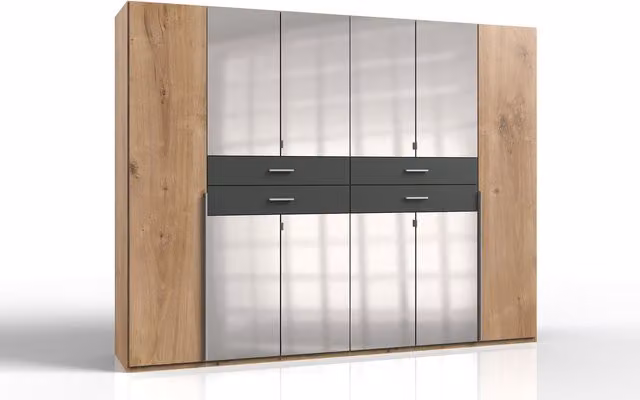 Tjs Modern Oak Mirrored Wardrobe with Hinged Glass Doors in Brown and Silver