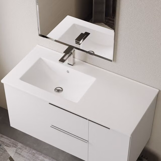 Banyetti Lira 1000mm Porcelain Offset Sink, Gloss White, W: 101.0 cm, D: 46.5 cm, H: 14.5 cm