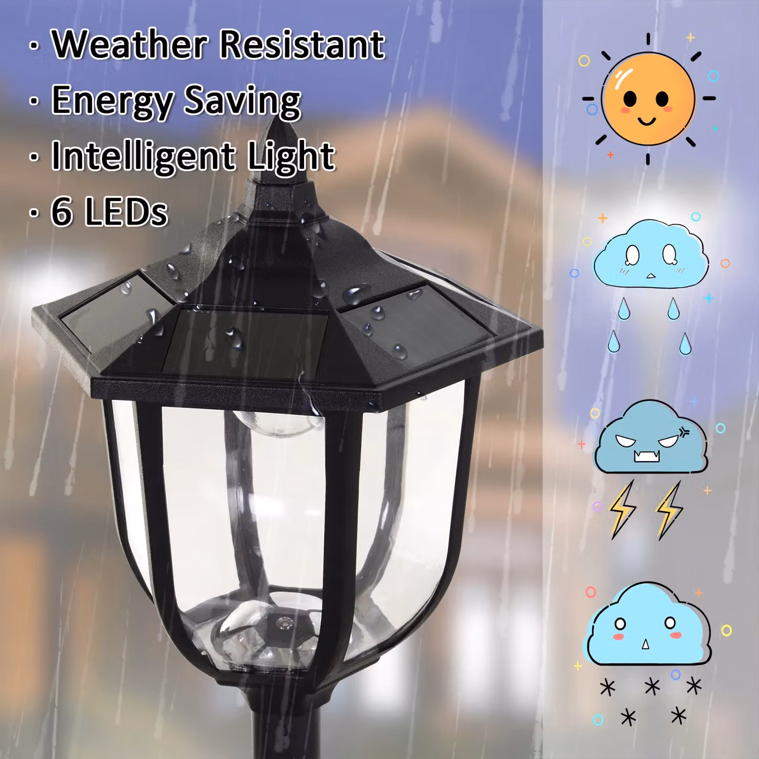 Outsunny Set of 6 Solar Powered LED Post Lamp Lanterns in Black with Dusk Sensor and Warm White Light – 4