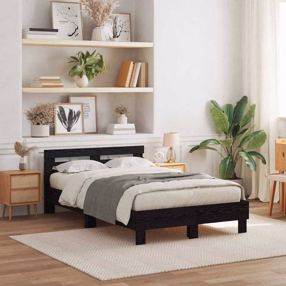 Berkfield Home Modern Slatted Bed Frame in Black Oak Engineered Wood with USB Charging Port and Under-bed Lighting – 2