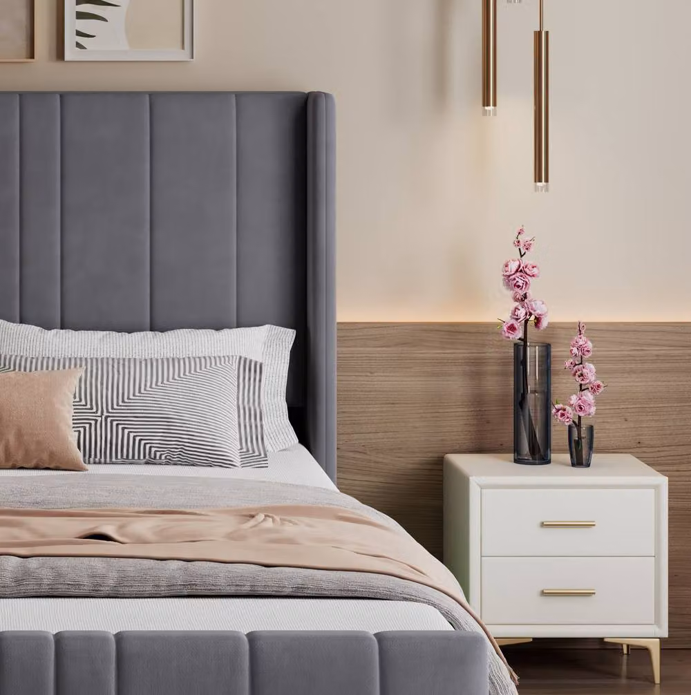 STILVORA Grey Velvet Upholstered Double Ottoman Bed with LED Under-Bed Lighting and Lift-Up Storage, W/D/H: 140 x 200 cm – 6