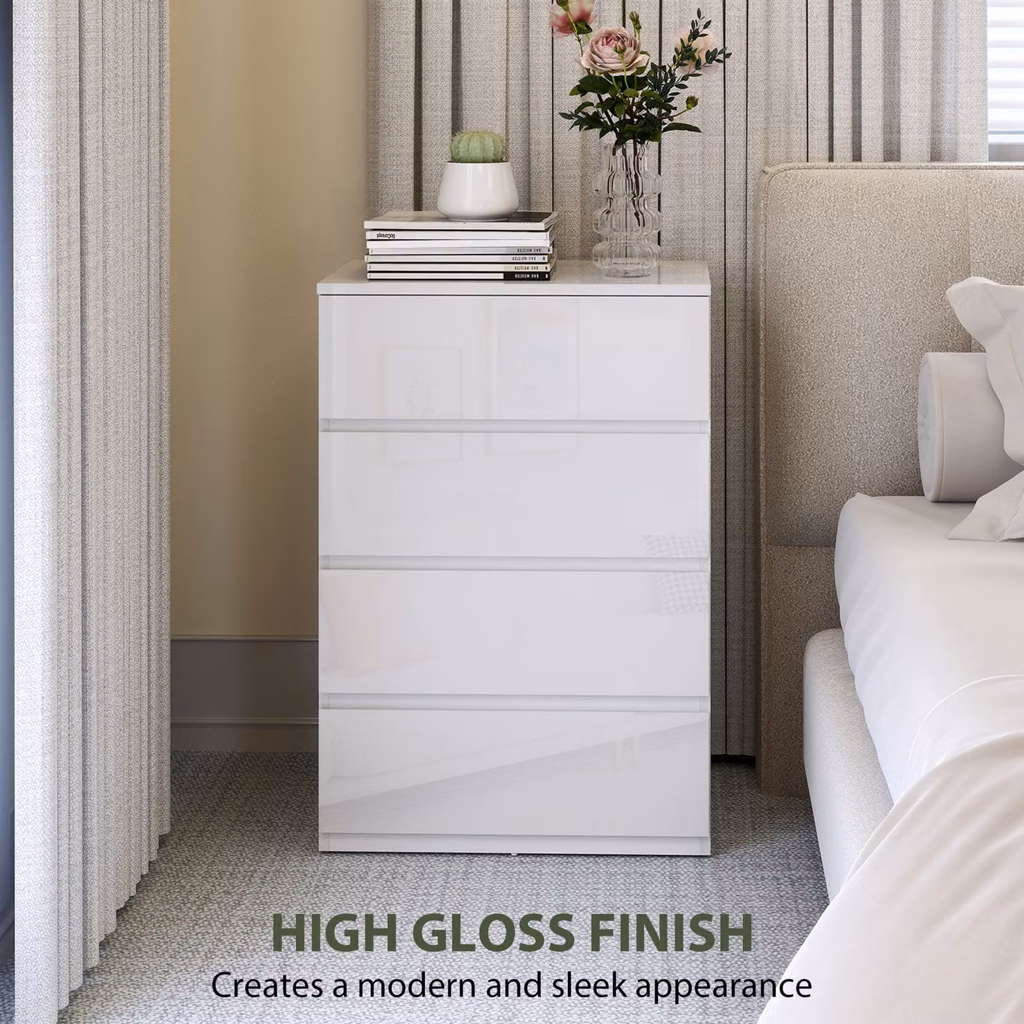 HOMCOM High Gloss 4-Drawer Chest of Drawers in White – 4