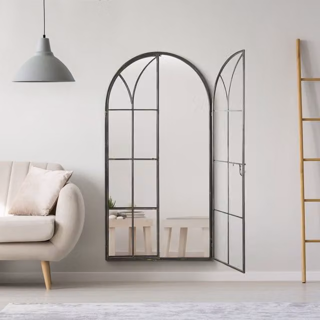 MirrorOutlet Extra Large Antique Black Metal Arch Opening Window Wall Mirror