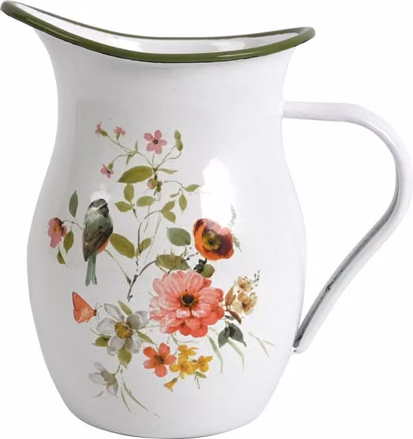 ALL CHIC White Enamel Floral Flower Vase and Milk Jug