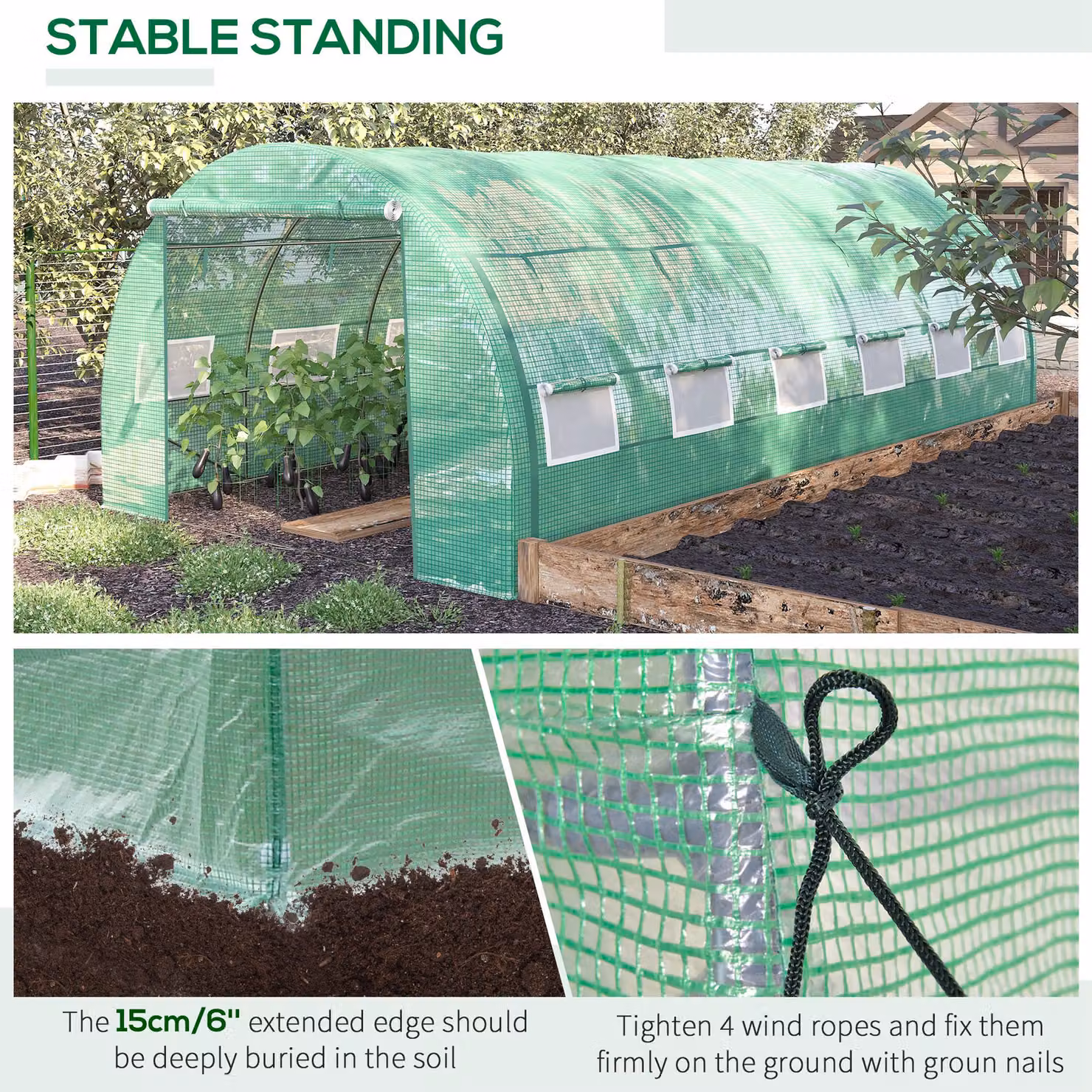 Outsunny Green Polytunnel Greenhouse with Steel Frame, Roll-up Side Walls and Mesh Windows, W/D/H: 600 x 300 x 200 cm – 3