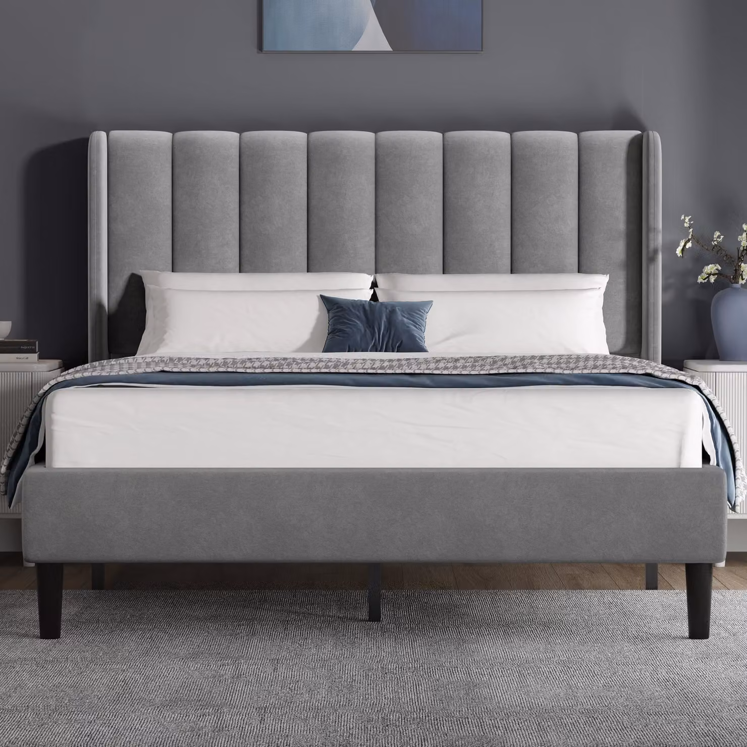 DHS Vertical Line Velvet Upholstered Bed Frame in Light Grey, W/D/H: 140 x 200 cm