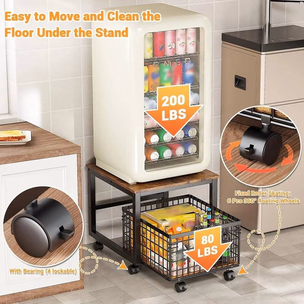 Havendro Multicolour Fridge Stand with Rolling Drawer Basket and Industrial Metal and Wood Cabinet – 4