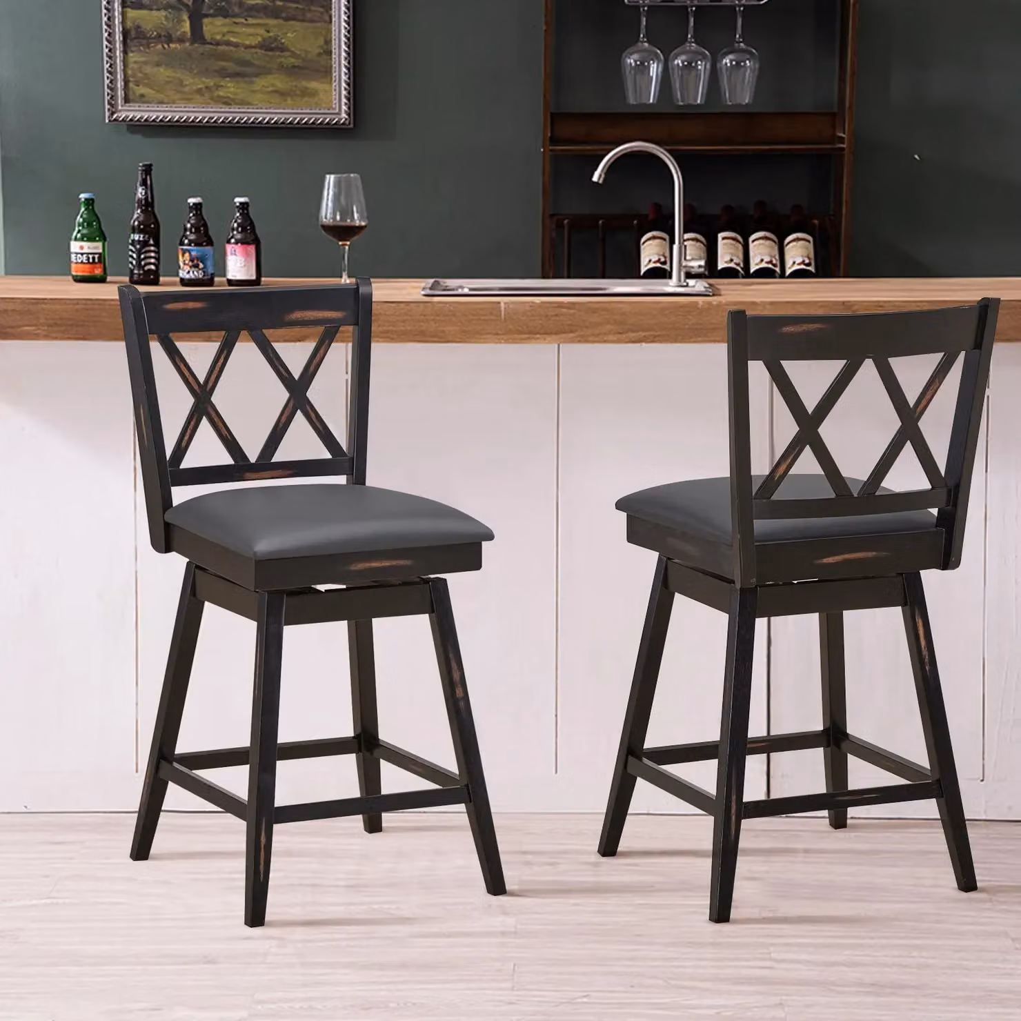 Costway Set of 2 Black Swivel Bar Stools with Upholstered Synthetic Leather Seats – 6