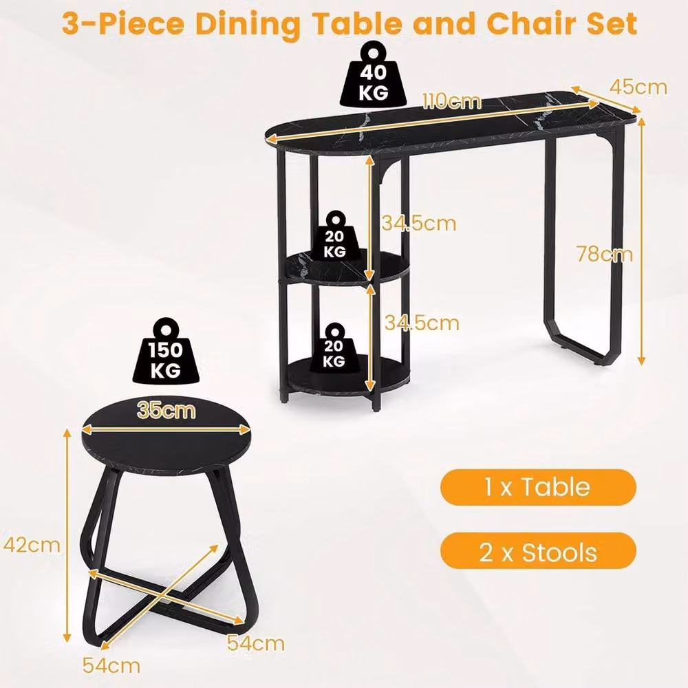 Havendro Bar Table and 2 Bar Stools Set with 2 Shelves, Black – 2