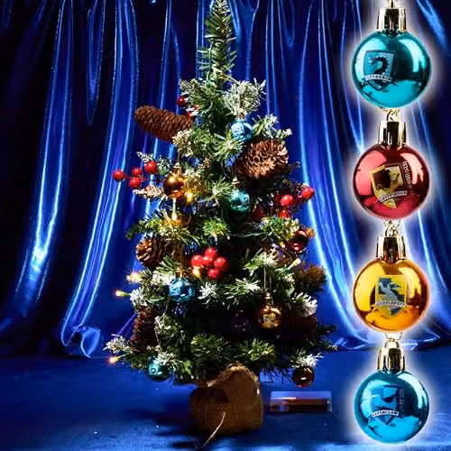 Harry Potter Pre-lit Mini Artificial Tabletop Christmas Tree with 12 Baubles and White LED String Lights in Green, White and Red – 9