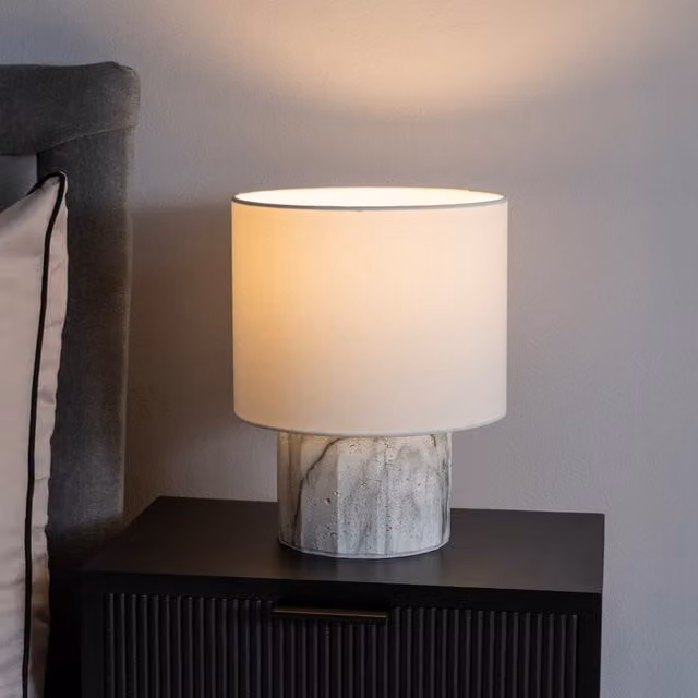 ValueLights Melanie Marble Effect Table Lamp with Natural Linen Shade and LED Bulb in Brown