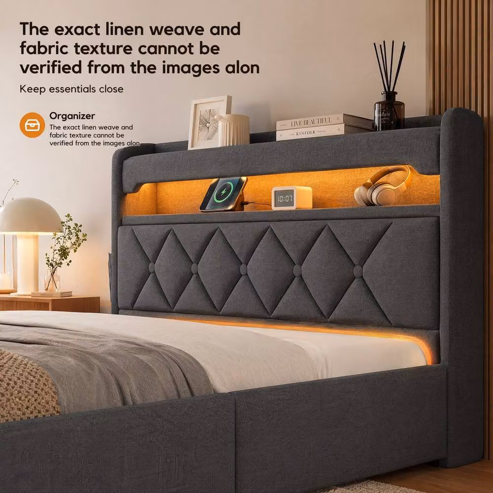 STILVORA Super King Upholstered Bed in Grey with LED Lighting, USB Charging Ports and Lift-Up Storage Headboard, W/D/H: 200 x 180 x 183 cm – 5
