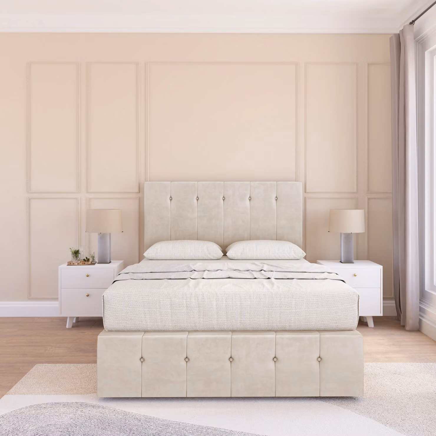 Sloomy Chesterfield Upholstered Bed Frame with Headboard in Beige, W/D/H: 120 x 200 cm