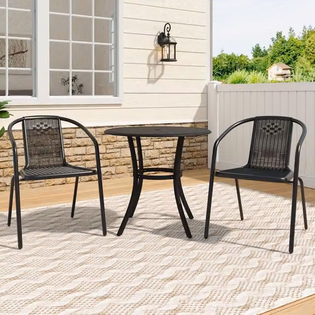 Livingandhome Metal Bistro Set with Round Slatted Table and Two Rattan Chairs in Dark Grey and Black