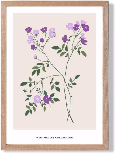 ARTZE Purple Vinca Plant Minimalist Botanical Framed Print with Oak Frame, A3