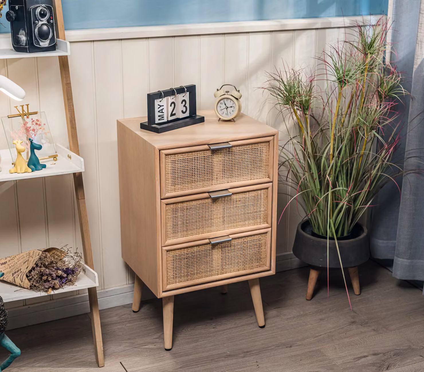 Nordlys Scandinavian 3-Drawer Brown Beech Wood and Wicker Cane Dresser – 2