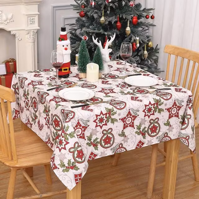 London Boutique White Christmas Snowflake Pattern Rectangular Waterproof and Wipeable Tablecloth