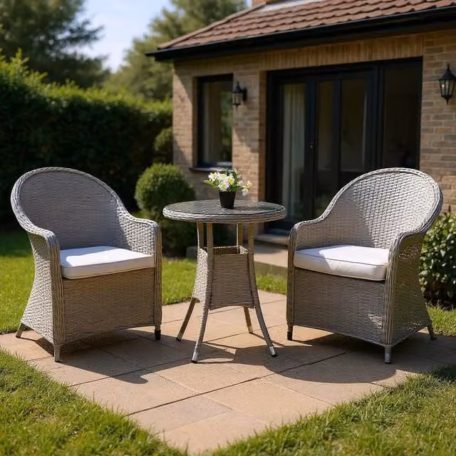 Shatchi Sorrento Rattan Bistro Garden Dining Set with Round Glass Table and 3 Chairs in Grey