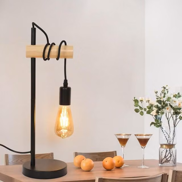 Pheashine Industrial Wood and Metal Table Lamp in Black with E27 Socket – 1