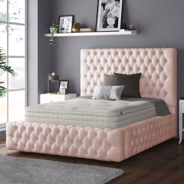 IH Design Royal Cushioned Chesterfield Upholstered Plush Velvet Bed Frame, Pink, W: 180 cm, D: 200 cm