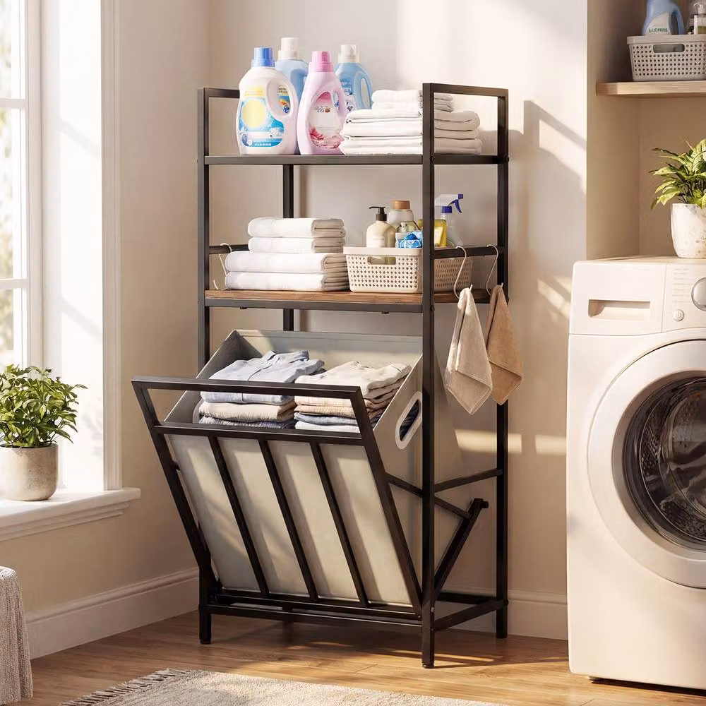 Costway 2-Tier Brown Laundry Hamper with Tilt-out Basket, 4 Hooks and Removable Bag – 5
