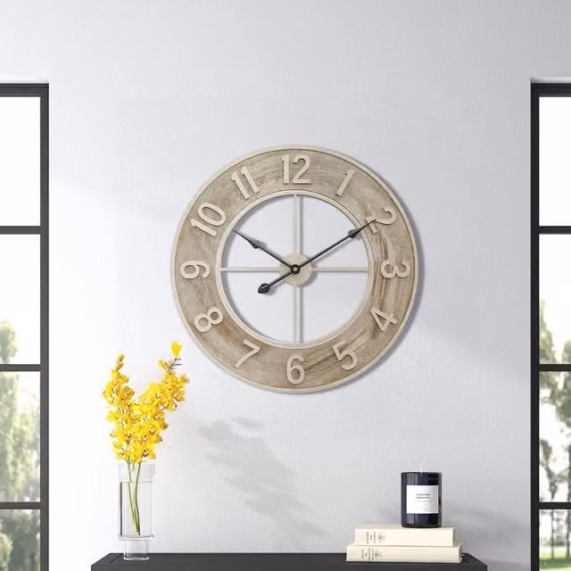 Lifeideas Classic Round Wood Grain Metal Wall Clock in Brown