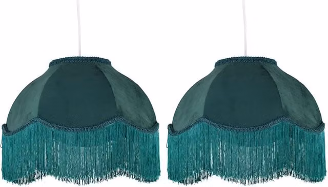 First Choice Lighting Set of 2 Round Vintage Green Velvet Fringed Easy Fit Pendant or Lamp Shades