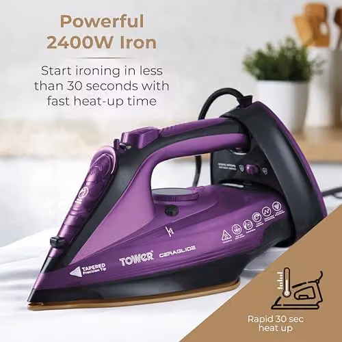 Tower T22008 CeraGlide Cordless Steam Iron with Ceramic Non-Stick Soleplate and Anti-Calc Function, 2400 W, Black in Purple – 6