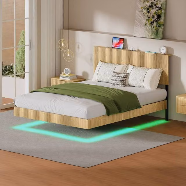 Matteo Modern Floating Bed Frame in Brown with LED Under-Bed Lighting and USB Charging Ports, W/D/H: 140 x 200 cm