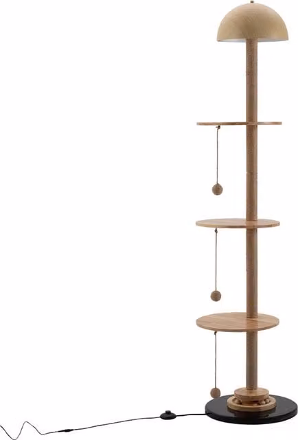 Kidkid Cat Climbing Frame Floor Lamp with Sisal Scratch Post and Dome in Brown Wood