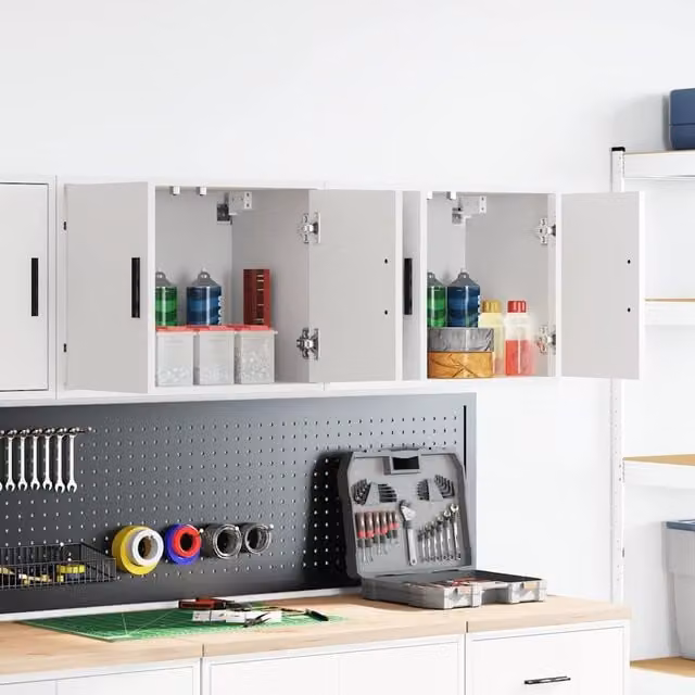 Berkfield Home Set of 2 White Wall Mounted Garage and Workshop Cabinets with Hinged Doors and Internal Shelves