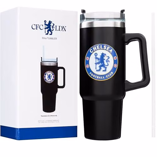 Get Trend Chelsea FC Insulated Stainless Steel Tumbler with Straw and Handle, Black, 850ml – 1