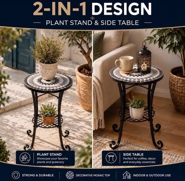 Shatchi Medina Mosaic Plant Stand Side Table with Multicolour Geometric Tile Seat and Metal Frame